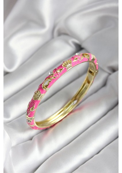 Mineli Pirinç Pembe Çiçek Desenli Gold Renk Kadın Kelepçe