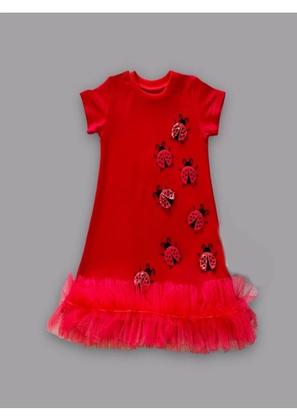 1-2-3 Yaş Uğur Böceği Nakışlı Fırfır Uçlu Kız Çocuk Jile Elbisesi Kırmızı fiyatları