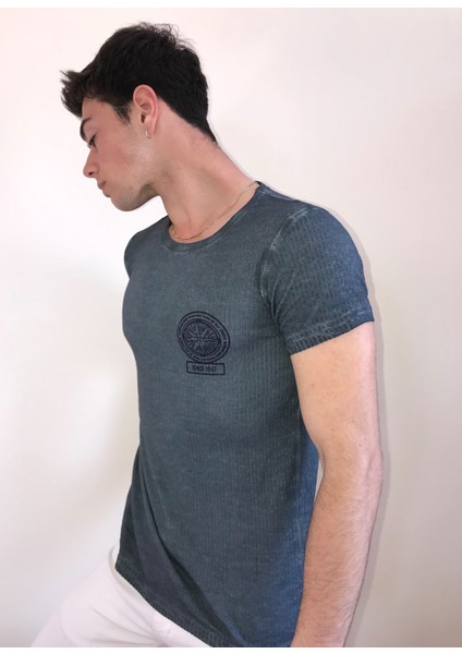 Unisex Bisiklet Yaka Baskılı Yıkamalı T-Shirt