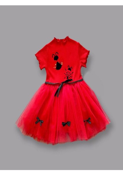 1-2-3 Yaş Uğur Böceği Nakışlı Kurdela Kuşak Kız Çocuk Elbisesi Kırmızı