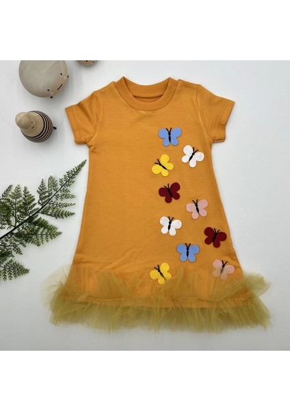 1-2-3 Yaş Renkli Kelebekler Nakışlı Eteği Fırfırlı Jile Çocuk Elbisesi Turuncu