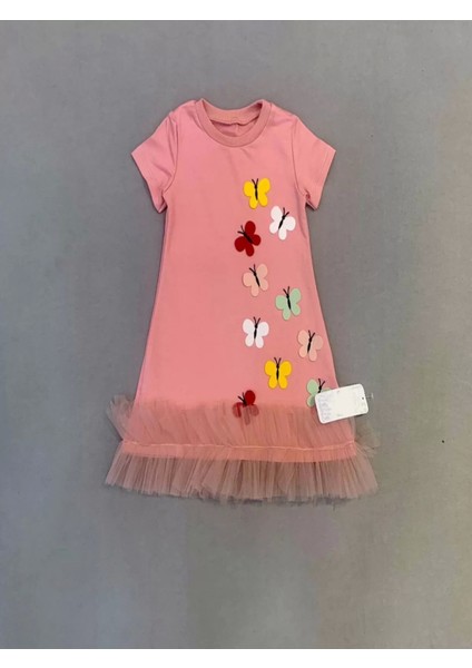 1-2-3 Yaş Renkli Kelebekler Nakışlı Eteği Fırfırlı Jile Çocuk Elbisesi Gül Kurusu fiyatları