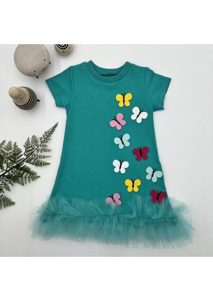 1-2-3 Yaş Renkli Kelebekler Nakışlı Eteği Fırfırlı Jile Çocuk Elbisesi Turkuaz