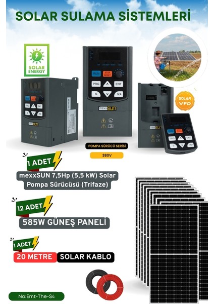 Solar Güneş Enerji Sulama Sistemi Mexsunn 7.5 Hp 5.5 Kw Trifaze Solar Pompa Sürücüsü 585 W Güneş Paneli