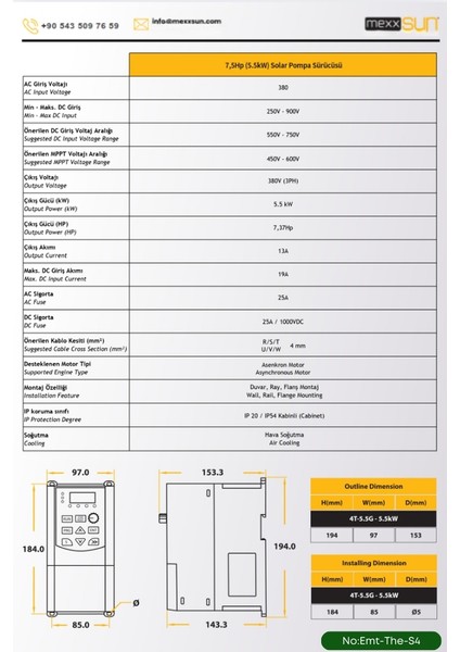 Solar Güneş Enerji Sulama Sistemi Mexsunn 7.5 Hp 5.5 Kw Trifaze Solar Pompa Sürücüsü 585 W Güneş Paneli modelleri