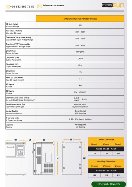 Solar Güneş Enerji Sulama Sistemi 10HP (7,5 Kw) Solar Pompa Sürücüsü (Trifaze) 585 W Güneş Paneli