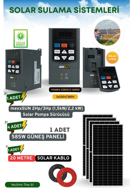 Solar Güneş Enerji Sulama Sistemlrei 2hp/3hp (1,5kw/2,2 Kw) Solar Pompa Sürücüsü (3X220) 585 W Güneş Paneli