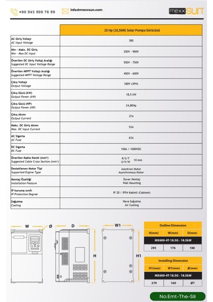 Solar Güneş Enerji Sulama Sistemi 25HP (18,5 Kw) Solar Pompa Sürücüsü (Trifaze) 585 W Güneş Paneli