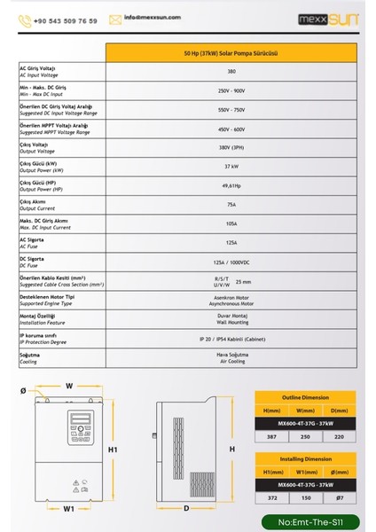 Solar Güneş Enerji Sulama Sistemi 50HP (37 Kw) Solar Pompa Sürücüsü (Trifaze) 585 W Güneş Paneli