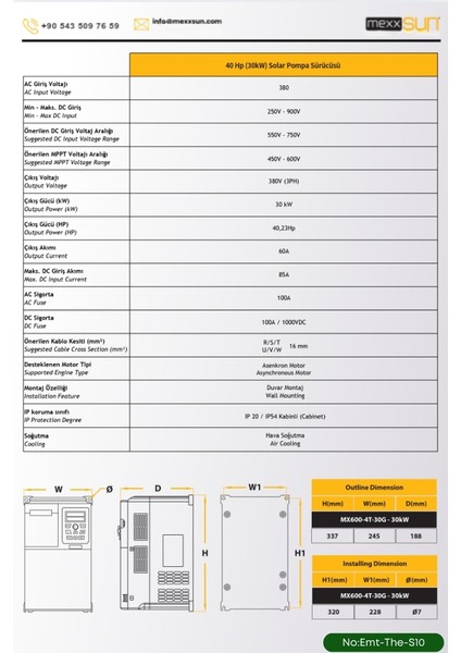 Solar Güneş Enerji Sulama Sistemi 40HP (30 Kw) Solar Pompa Sürücüsü (Trifaze) 585 W Güneş Paneli