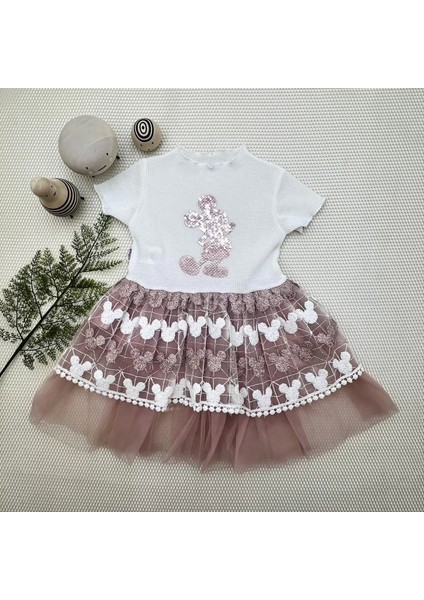 1-2-3 Yaş Payetli Mickey Baskılı Brode Etekli Kız Bebek Elbisesi Gül Kurusu