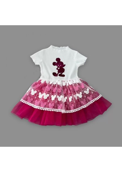 1-2-3 Yaş Payetli Mickey Baskılı Brode Etekli Kız Bebek Elbisesi Fuşya