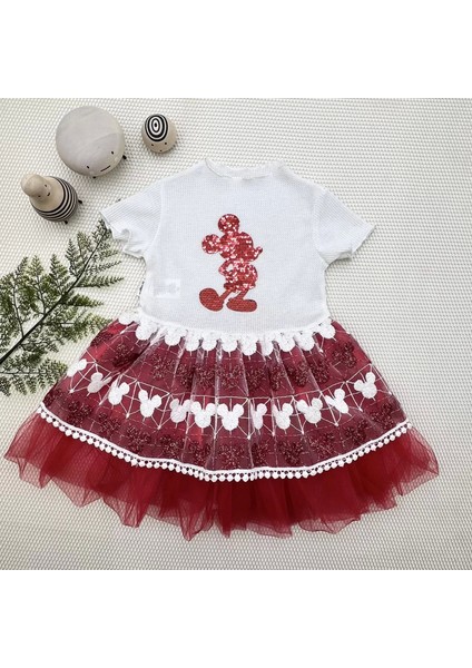 1-2-3 Yaş Payetli Mickey Baskılı Brode Etekli Kız Bebek Elbisesi Kırmızı
