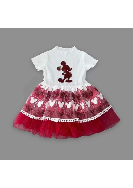 1-2-3 Yaş Payetli Mickey Baskılı Brode Etekli Kız Bebek Elbisesi Kırmızı fiyatları