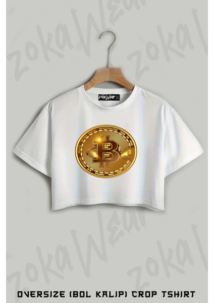 Bitcoin Baskılı Oversize Crop T-Shirt