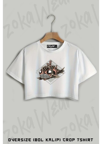 Balık Steampunk Teknolojik Baskılı Oversize Crop T-Shirt