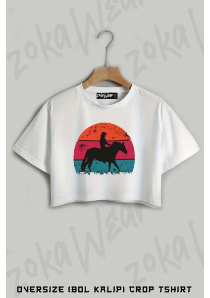 Binicilik Riding Baskılı Oversize Crop T-Shirt