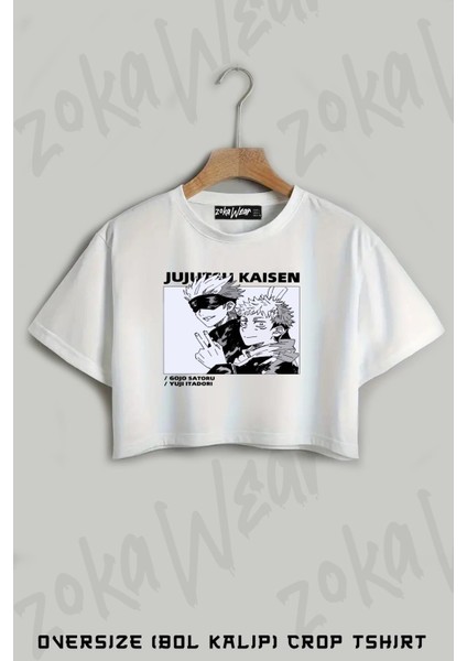 Jujutsu Kaisen Yuji Itadori ve Gojo Baskılı Oversize Crop T-Shirt