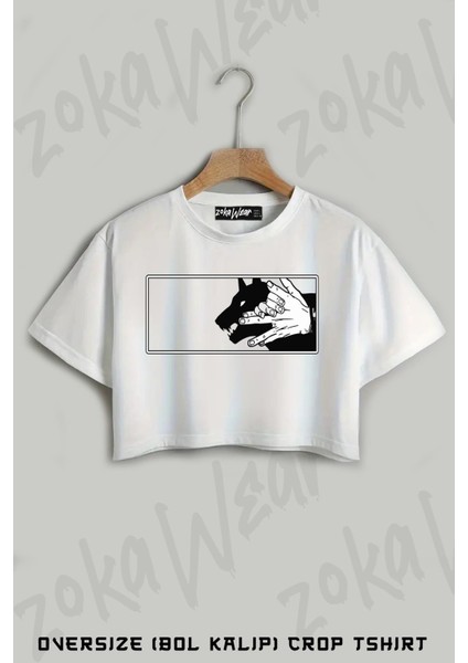 Jujutsu Kaisen Megumi Fushiguro Logosu Baskılı Oversize Crop T-Shirt