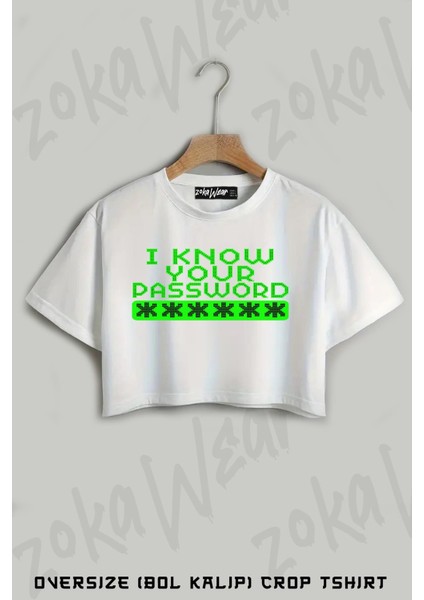 Hacker I Know Your Pass Baskılı Oversize Crop T-Shirt