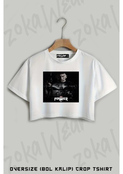 Punisher Baskılı Oversize Crop T-Shirt