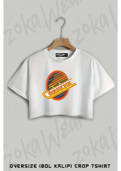Hockey Retro Canucks Skate Baskılı Oversize Crop T-Shirt