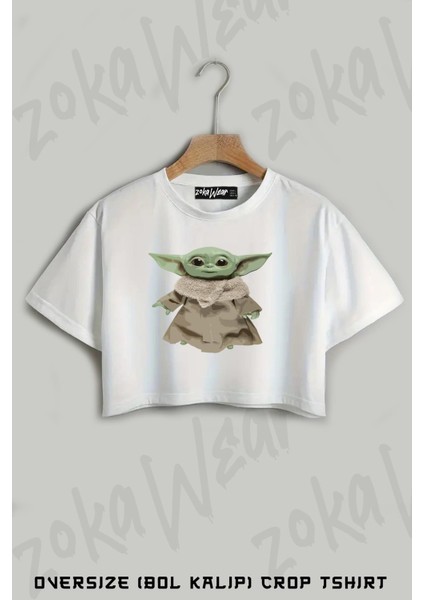 Baby Yoda Baskılı Oversize Crop T-Shirt