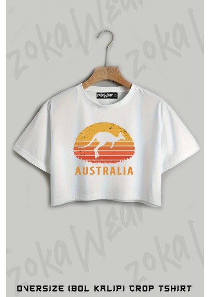Australia Retro Kangaroo Baskılı Oversize Crop T-Shirt