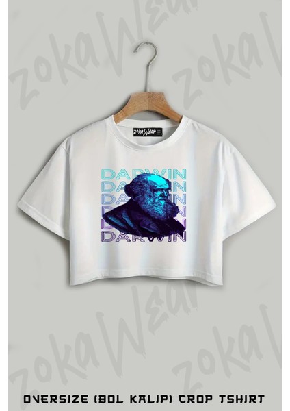 Charles Darwin Portre Baskılı Oversize Crop T-Shirt