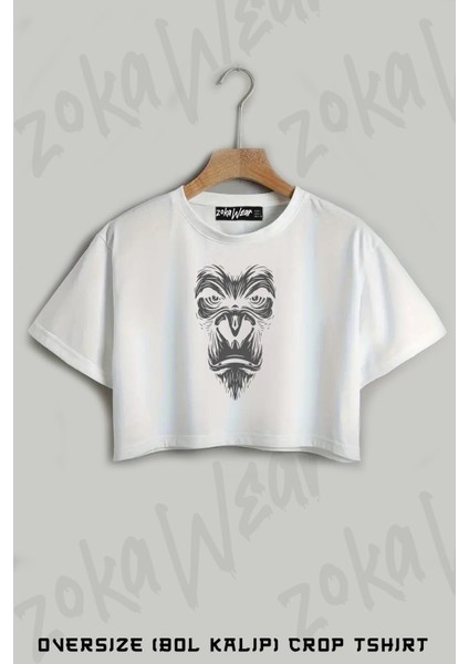 Face Gorilla Goril Baskılı Oversize Crop T-Shirt