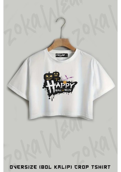 Halloween Happy Baskılı Oversize Crop T-Shirt