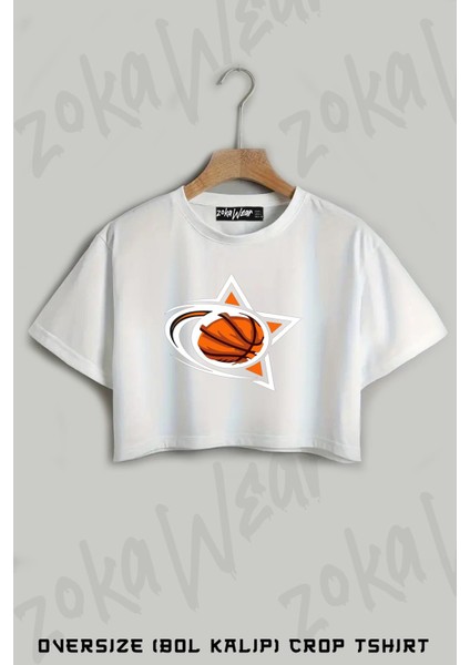 Basketbol Topu Baskılı Oversize Crop T-Shirt