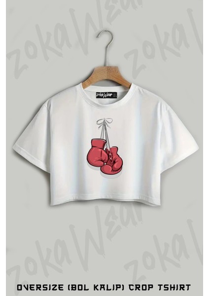 Boks Eldiveni Baskılı Oversize Crop T-Shirt
