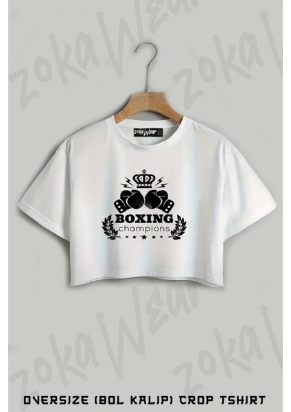 Boks Boxing Champions Baskılı Oversize Crop T-Shirt