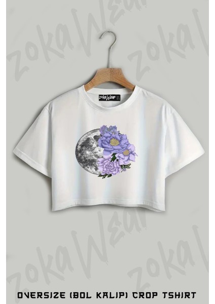 Moon Abloom In Lavendar And Periwinkle Baskılı Oversize Crop T-Shirt