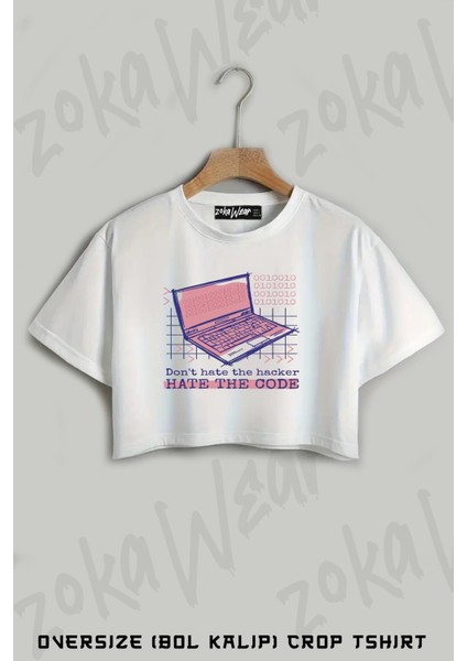 Hacker Bilgisayar Laptop Baskılı Oversize Crop T-Shirt