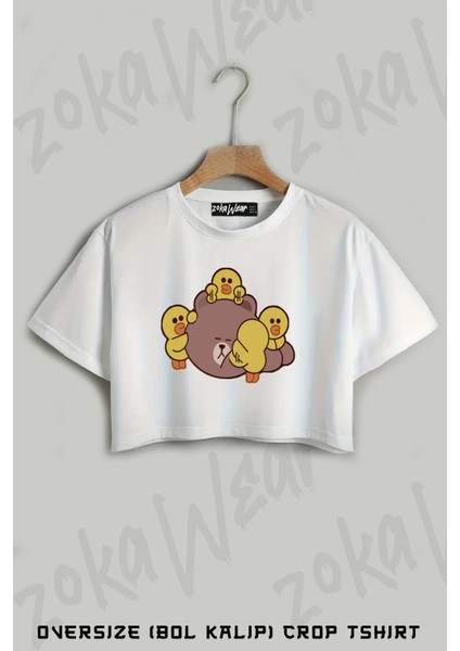 Line Brown Friends2 Baskılı Oversize Crop T-Shirt