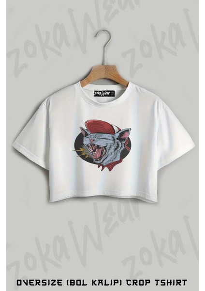 Bağıran Kedi Baskılı Oversize Crop T-Shirt