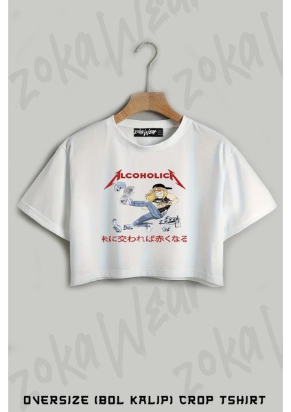 Alcoholica Illustration Baskılı Oversize Crop T-Shirt