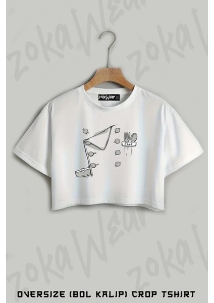 Cheff Spoon And Fork Illustrasyon Çizim Baskılı Oversize Crop T-Shirt