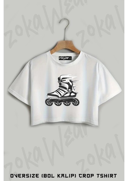 Paten V4 Baskılı Oversize Crop T-Shirt