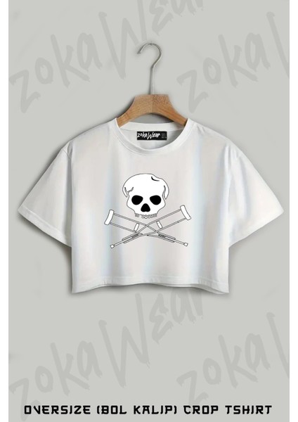 Jackass Skull And Crutches Baskılı Oversize Crop T-Shirt
