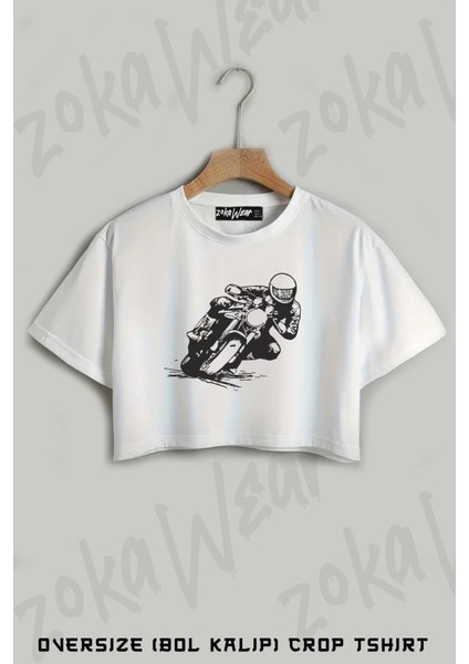 Motorcu V2 Baskılı Oversize Crop T-Shirt
