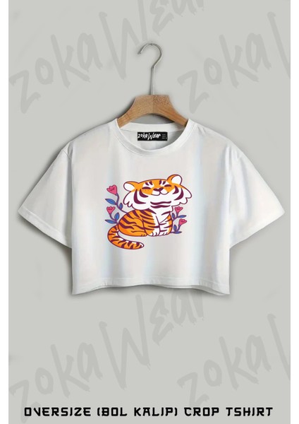 Flower Tiger Baskılı Oversize Crop T-Shirt