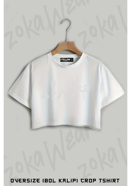 Yoga Hareketler Baskılı Oversize Crop T-Shirt