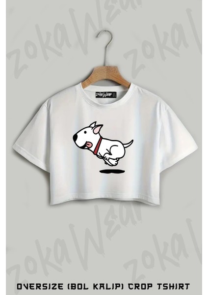 Zıplayan Köpek Baskılı Oversize Crop T-Shirt