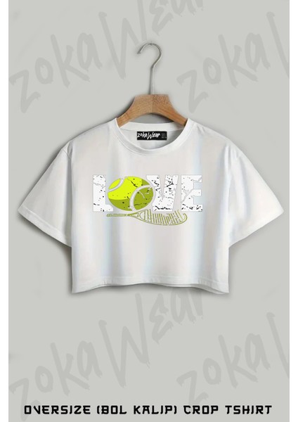 Tenis Love Raket ve Top Baskılı Oversize Crop T-Shirt