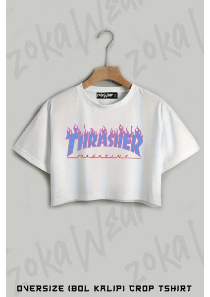 Logo V2 Thrasher Baskılı Oversize Crop T-Shirt