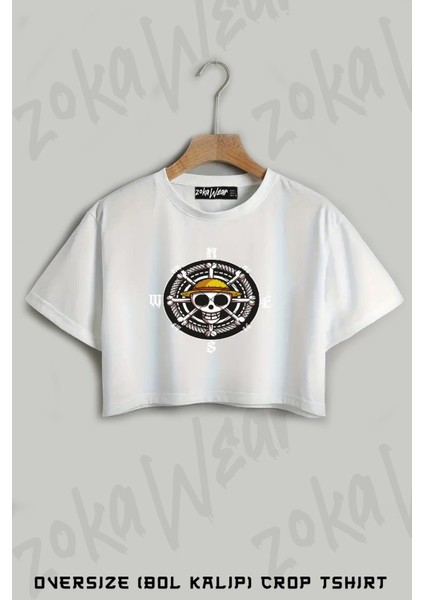 One Piece Hasır Şapka Amblem Baskılı Oversize Crop T-Shirt