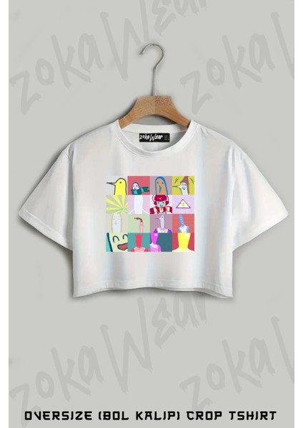 Punpun Grid Print Baskılı Oversize Crop T-Shirt